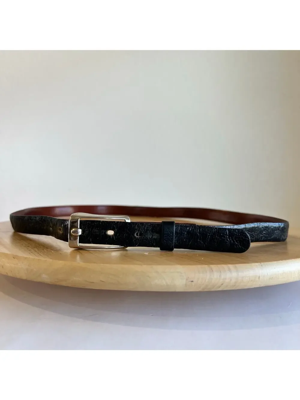 Black Genuine Calfskin Leather Silver Buckle Belt USA Made Size Medium to Large